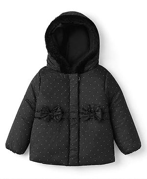 Bonfino Cotton Woven Padded Hooded Winter Jacket with Full Sleeves and Polka Dots Print in Black