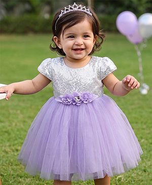 Babyhug Woven Half Sleeves Sequin Party Dress With Corsage Bow - Lilac