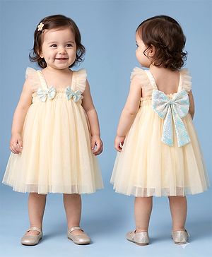Babyhug Solid Mesh Woven Ruffle Sleeves Party Dress With Bow Applique - Peach