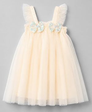 Babyhug Mesh Woven Ruffle Sleeves Party Dress with Bow Applique - Yellow