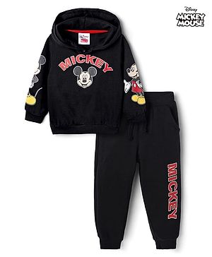 Babyhug Disney Terry Knit Hooded Sweatshirt & Joggers Set with Full Sleeves and Mickey Mouse Graphic - Black