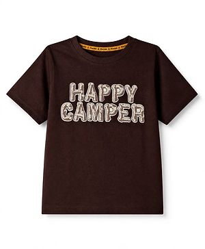 Pine Kids 100% Cotton Knit T-Shirts with Half Sleeves and Happy Camper Text Print - Dark Brown