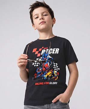 Pine Kids 100% Cotton Knit Half Sleeves T-Shirts with Racing Print - Black