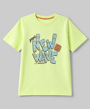 Pine Kids 100% Cotton Knit T-Shirt with Half Sleeves and New Wave Print in Lime Green