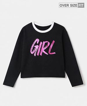 Pine Kids 100% Cotton Knit T-Shirt with Full Sleeves and Girl Foil/Glitter Print in Black for 4-5 Years