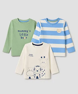 Babyhug 100% COTTON Knit Full Sleeves Tshirts With Animal Print Pack of 3 - Blue Green & White