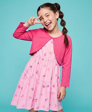 Pine Kids Cotton Knit Frock with Jacket with Full Sleeves and Roses Print in Pink