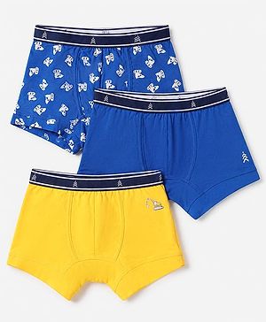 Pine Kids 100% Cotton Knit Trunks With Vehicle Print Pack of 3 - Blue & Mustard