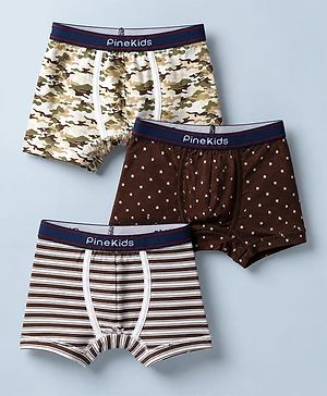 Pine Kids 100% Cotton Knit Striped Trunks With Camouflage & Star Print Pack of 3 - White & Brown