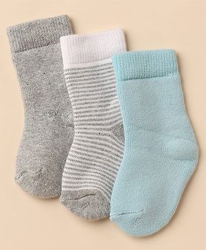 Cute Walk By Babyhug Anti-Bacterial Terry Knit Ankle Length Solid Socks Pack Of 3- Blue & Grey