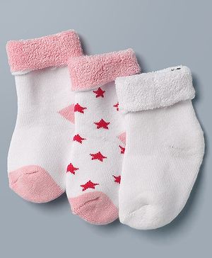 Cute Walk By Babyhug Anti-Bacterial Terry Knit Ankle Length Socks With Star Design Pack Of 3- Pink & White