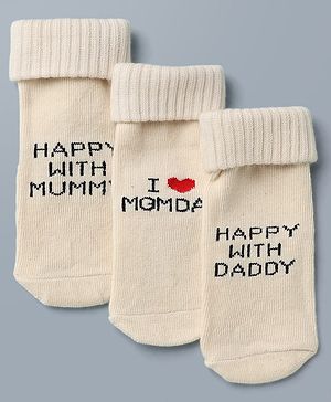 Cute Walk By Babyhug Anti-Bacterial Terry Knit Ankle Length Socks With Happy with Mummy Design Pack Of 3- Brown
