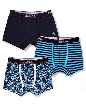 Pine Kids Cotton Knit Trunks with Stripe & Abstract Print Pack of 3 - Black & Blue