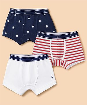 Pine Kids Cotton Knit Trunks with Stripe & Star Print Pack of 3 - Navy, White & Red