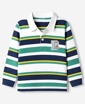 Babyhug 100% Cotton Knit Full Sleeves Striped Pique Polo T-Shirt with Bear Embroidered Patch - Navy Blue