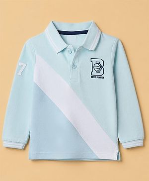 Babyhug 100% Cotton Knit Full Sleeves Cut And Sew Polo Tee with Full Sleeves and Letter B and Basketball Print in Light Blue