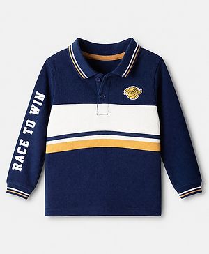 Babyhug 100% Cotton Knit Full Sleeves Polo T-Shirt with Cut & Sew and New York Patch with Race to Win Applique - Navy Blue