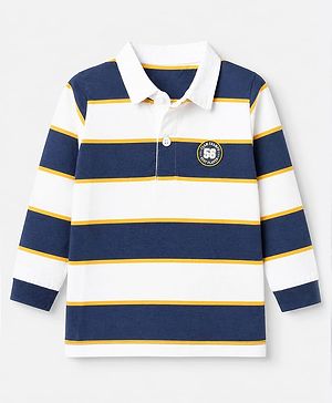 Babyhug 100% Cotton Knit Striped Pique Polo T-Shirts with Full Sleeves and Team Champs 56 Patch - Navy Blue & Yellow