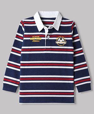 Babyhug 100% Cotton Knit Polo T-Shirt with Full Sleeves, Striped Pattern and Soccer Ball Print in Navy Blue