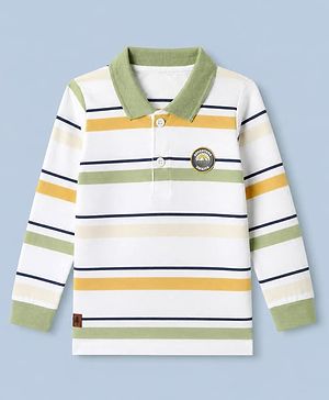 Babyhug 100% Cotton Knit Full Sleeves Striped Polo T-shirt with Mountain Landscape Patch in White