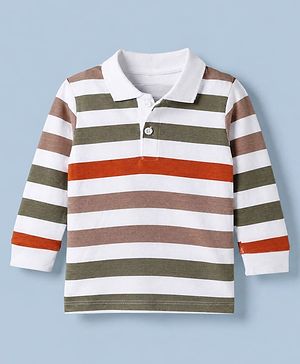 Babyhug 100% Cotton Knit Polo T-Shirt with Full Sleeves and Striped Print in White