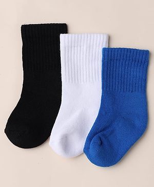 Cute Walk by Babyhug Knit Calf Length Anti Bacterial Solid Socks Pack of 3 - White, Black & Blue