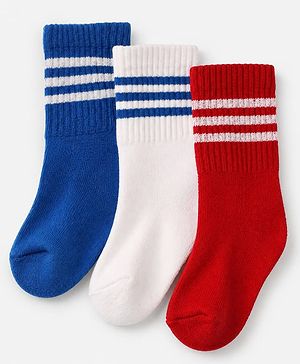 Cute Walk By Babyhug Cotton Terry Knit Calf Length Solid Terry Socks With Anti-Bacterial Pack of 3 -White Red & Blue