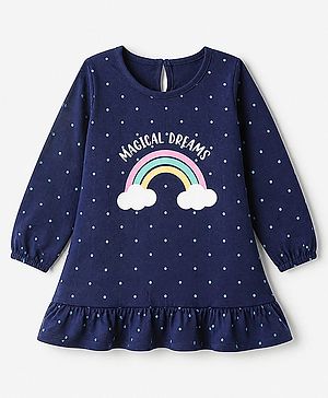 Babyhug Cotton Knit Full Sleeves Nighty with Rainbow Polka Dots Print -Navy Blue