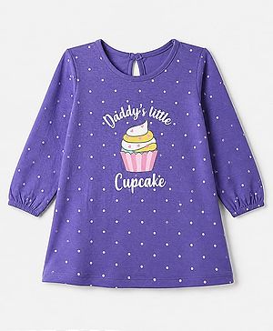 Babyhug Cotton Knit Full Sleeves Nighty with Daddy's Little Cupcake Text and Polka Dots Print - Violet