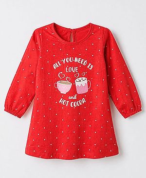Babyhug Cotton Knit Full Sleeves Nighty with Slogan & Polka Dots Print -Red