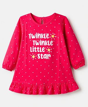 Babyhug Cotton Knit Full Sleeves Nighty with Slogan & Polka Dots Print -Dark Pink