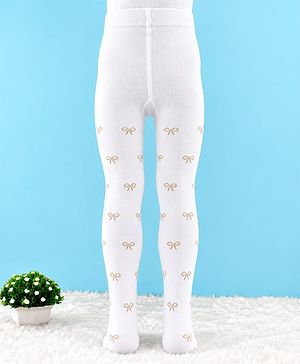 Cute Walk by Babyhug Cotton Knit Anti Bacterial Full Length Tight With Bow Design - White