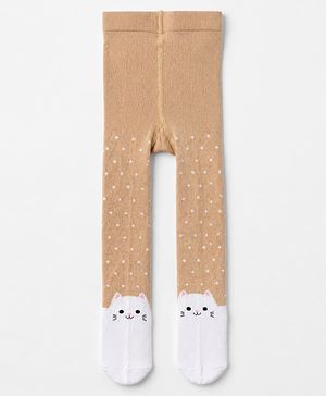 Cute Walk By Babyhug Cotton Knit Full Length Anti-Bacterial Tights With Cat Print in Brown