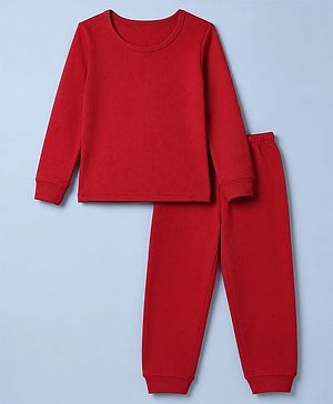 Pine Kids Cotton Mix Knit Solid Vest & Pant Thermal Set with Full Length in Dark Red
