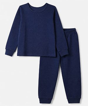 Pine Kids Cotton Knit Full Sleeves Solid Vest and Pant - Navy Blue