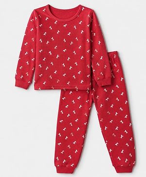 Pine Kids Cotton Mix Knit Full Sleeves Thermal Inner Wear Set With Horse Print - Red