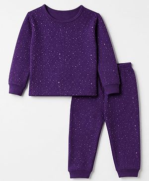 Pine Kids Cotton Knit Full Sleeves Vest and Pant Thermal Inner Wear Set with Full Length and Stars Print in Purple