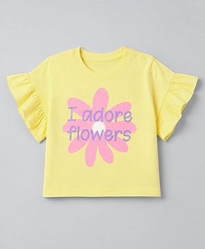 Babyhug 100% Cotton Knit Half Sleeves, Frill Sleeves T-Shirt with Graphic & Flower Print in Yellow