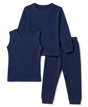 Pine Kids Cotton Mix Knit Full Sleeves Vest & Pant Thermal Set in Navy Blue