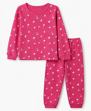 Pine Kids Cotton Mix Knit Full Sleeves Printed Thermal Inner Wear Set - Dark Pink