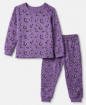 Pine Kids Cotton Blend Knit Full Sleeves Round Neck Thermal Set with Leopard Spots Print - Lilac