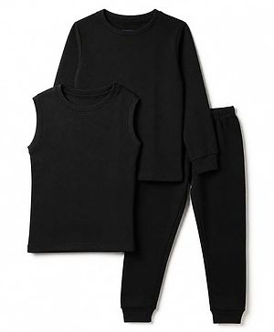 Pine Kids Cotton Blend Knit Full Sleeves Solid Colour Thermal Wear Set with Vest - Black