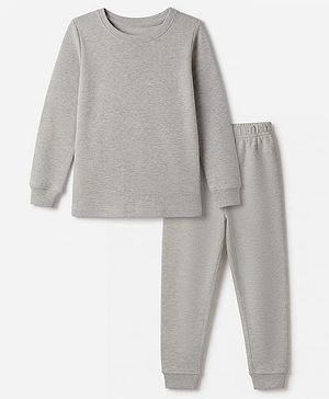 Pine Kids Cotton Knit Full Sleeves Solid Vest and Pant Thermal Inner Wear Set in Grey