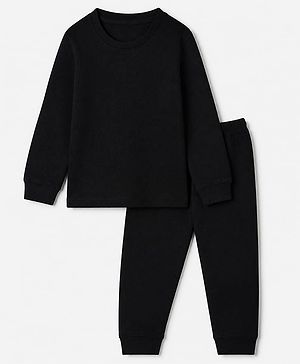 Pine Kids Cotton Knit Full Sleeves Solid Vest and Pant Thermal Inner Wear Set in Black