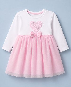 Babyhug Cotton Knit Fit And Flare Dress with Full Sleeves and Bow Applique in Pink