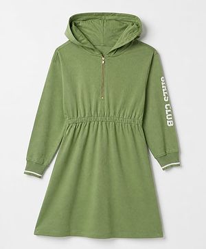 Pine Kids 100% Cotton Knit Knitwear Dress with Full Sleeves and Girls Club Print in Olive Green