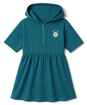 Pine Kids 100% Cotton Winter Hooded Frock with Half Sleeves and Flower Print in Teal Blue