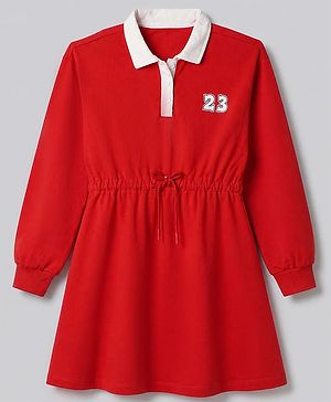 Pine Kids 100% Cotton Knit Winter Frock with Full Sleeves and 23 Print in Red