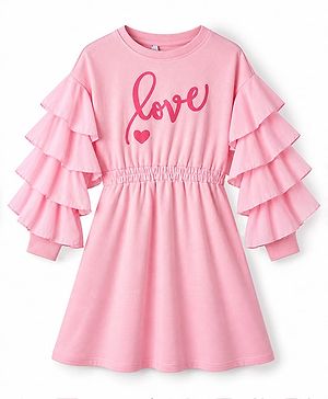 Pine Kids 100% Cotton Winter Frock with Full Sleeves and Love Print in Pink for 4-5 Years