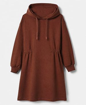 Pine Kids 100% Cotton Knit Winter Frock with Full Sleeves, Drop Shoulder Sleeves and Hooded Neck in Brown